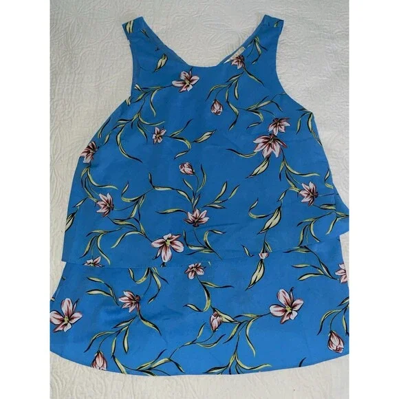 Floral Print Sleeveless Tiered Top Blue Flowy Blouse Casual Tank - Picture 1 of 6